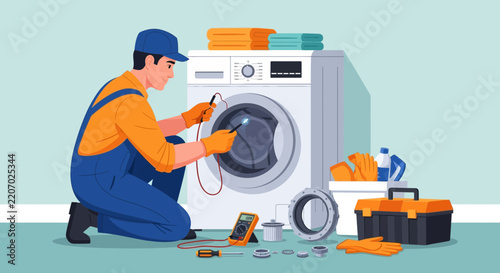 Appliance repair technician testing a washing machine with diagnostic tools