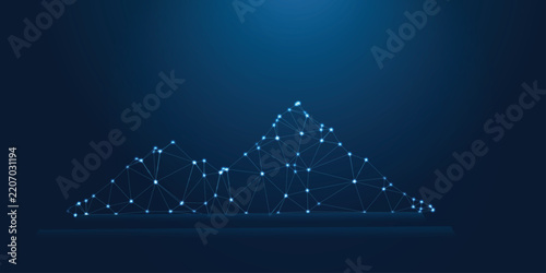 Low poly wireframe mountain peaks with glowing connected nodes on dark blue background, digital network success, goal and achievement technology concep