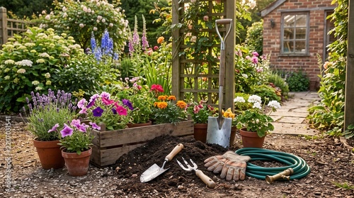 Gardening tools and flowers in a vibrant backyard garden setting