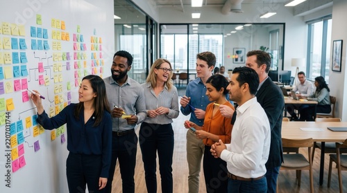 Team Collaborating in Office Space with Sticky Notes on Wall