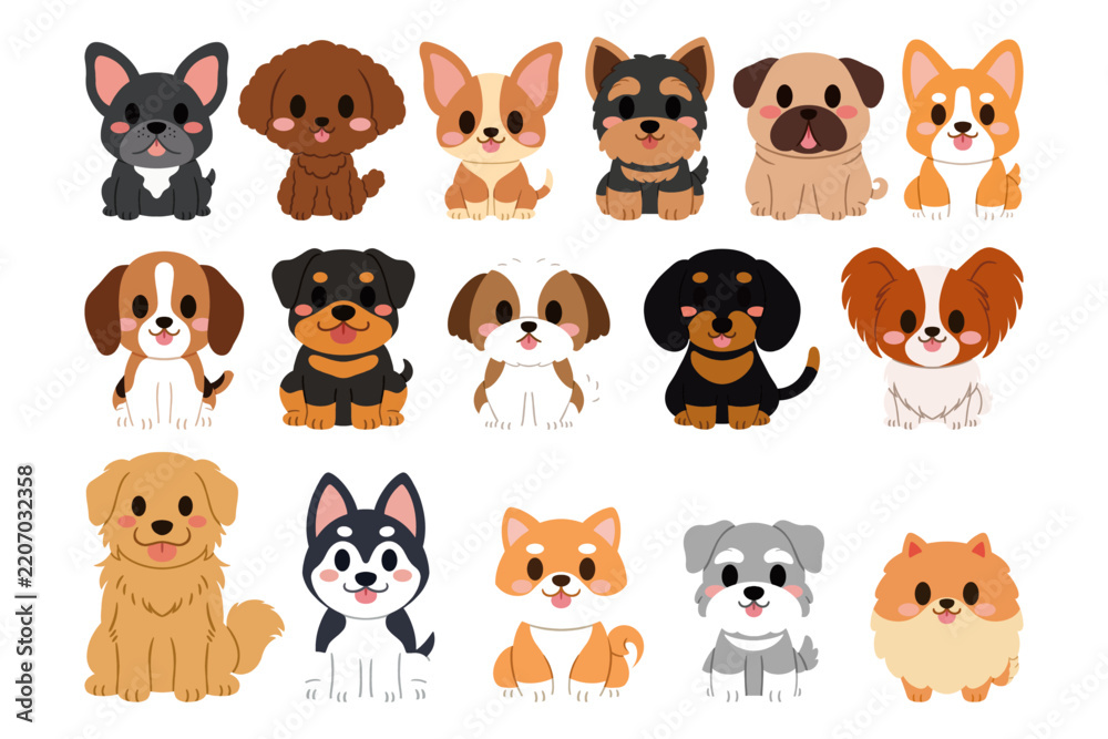 Obraz premium Cute Cartoon Dog Breed Vector Illustration Set