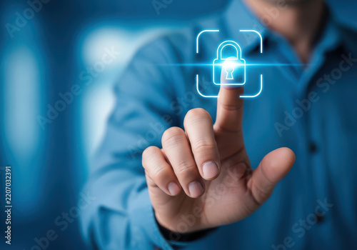 A person interacts with a digital lock interface in a blue-toned environment.