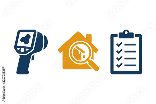 Thermal camera, house inspection, and checklist icon set in flat design style isolated on white background   