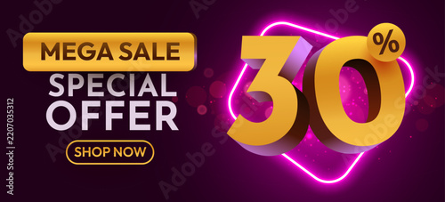 Mega sale 30 percent off promotional banner with golden 3D text and neon glow. Vector illustration.