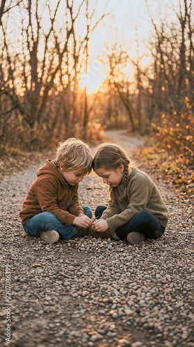 Close up of two children playing with pebbles on a forest path during golden hour sunset