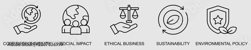 Corporate Responsibility banner web icon set vector illustration concept with icon of corporate responsibility, social impact, ethical business, sustainability, and environmental policy.