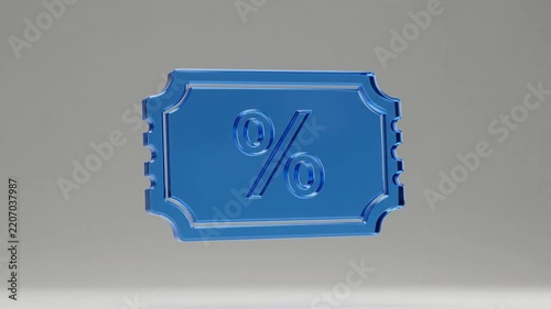 Blue plastic ticket featuring a percentage sign spinning in studio