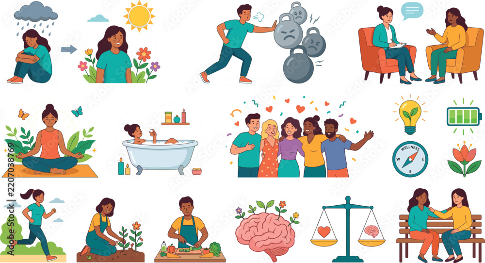 Fototapeta premium Mental Health and Self Care Vector Illustration Set with Therapy, Meditation, Healthy Habits, Emotional Regulation, and Well Being Icons for Web and Print