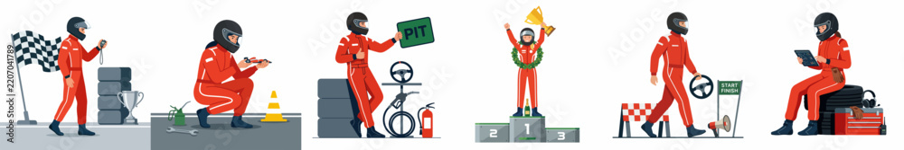 Obraz premium Illustrations of a professional race car driver in a red suit and helmet in various poses, including on the podium and in the pit.