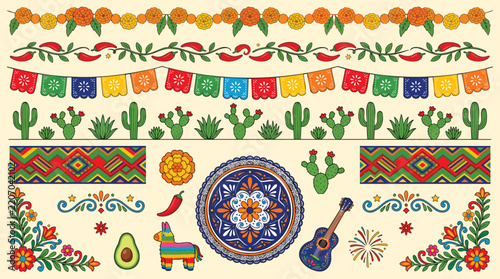 Vector collection of Mexican traditional design elements, decorative borders, cacti, and floral patterns