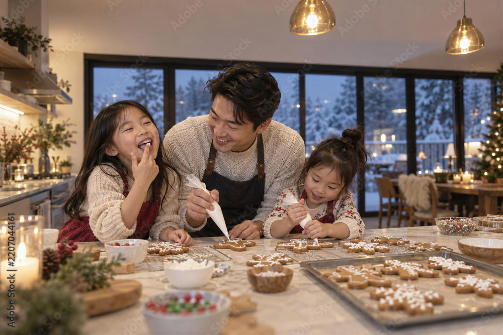 Obraz premium Asian father decorating christmas cookies with icing with two laughing daughters at kitchen table at evening