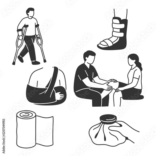 Injury and recovery symbols: crutches, arm sling, bandage, ankle brace, ice pack.
