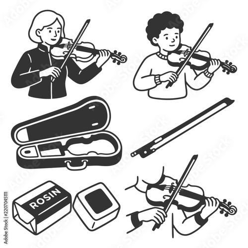 Children playing violin with musical accessories in black and white illustration.