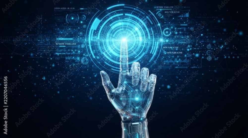 Fototapeta premium Hand touch digital hud interface futuristic technology background of virtual computer screen display ui future concept or cyber communication hologram and innovation internet system on vr cyberspace.
