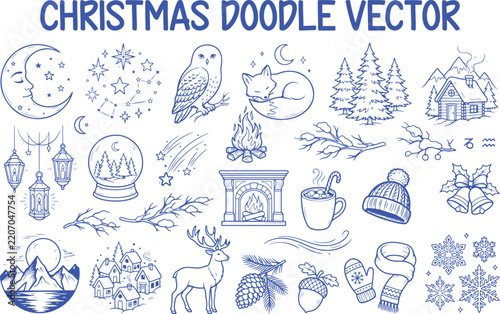 Cozy Christmas Winter Doodle Vector Collection with Sweater, Mittens, Cabin and Pine Elements