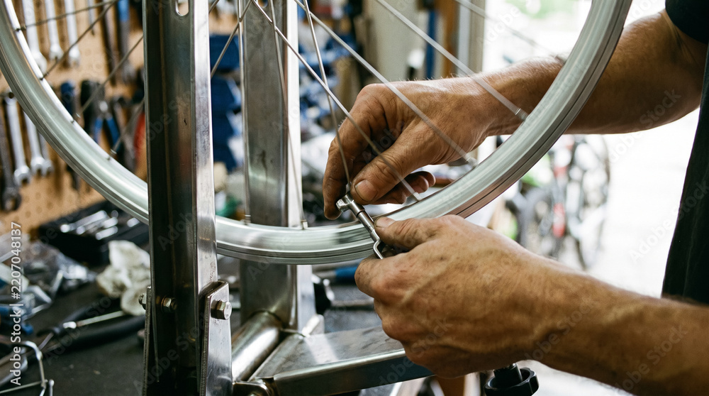 Fototapeta premium Hands of mechanic tensioning bicycle spoke with wrench on truing stand in workshop. Concept of bicycle repair, bike mechanic.