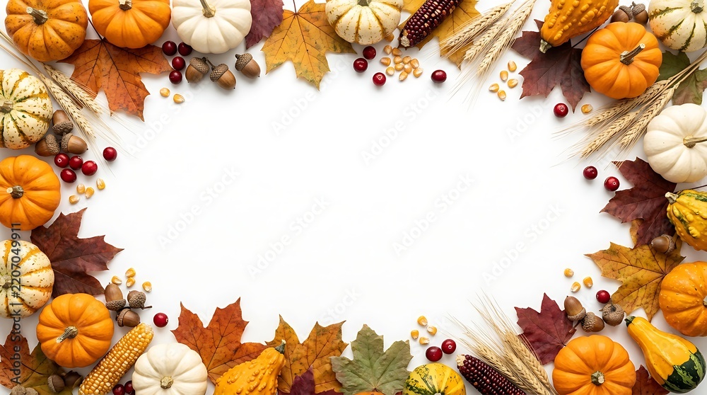 Fototapeta premium Autumnal frame with pumpkins leaves flowers and pinecones on a bright white background