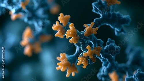 Close up of molecular structures with orange enzyme like attachments on a blue protein backbone  rendered in scientific visualization style