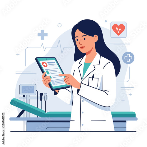 Female Doctor Using Tablet in Medical Examination Room with Equipment