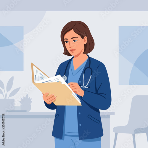 Female Doctor Wearing Scrubs and Stethoscope Reviewing Medical Chart in Clinic Office