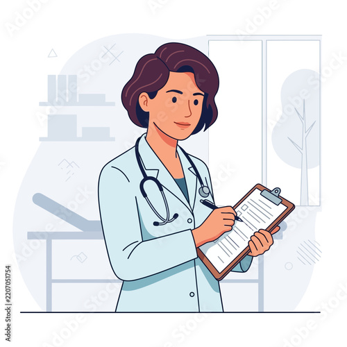 Female Doctor Writing on Clipboard in Medical Office - Professional Healthcare Illustration