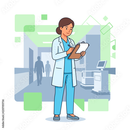 Female Doctor Writing on Clipboard in Hospital Corridor with Patients and Medical Equipment