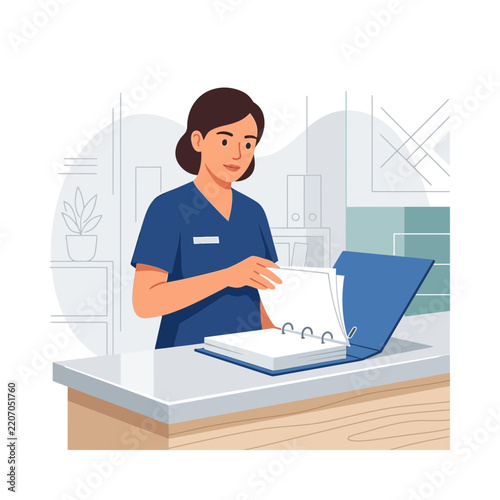 Female healthcare professional in blue scrubs reviewing a medical chart in a binder at a desk, vector illustration