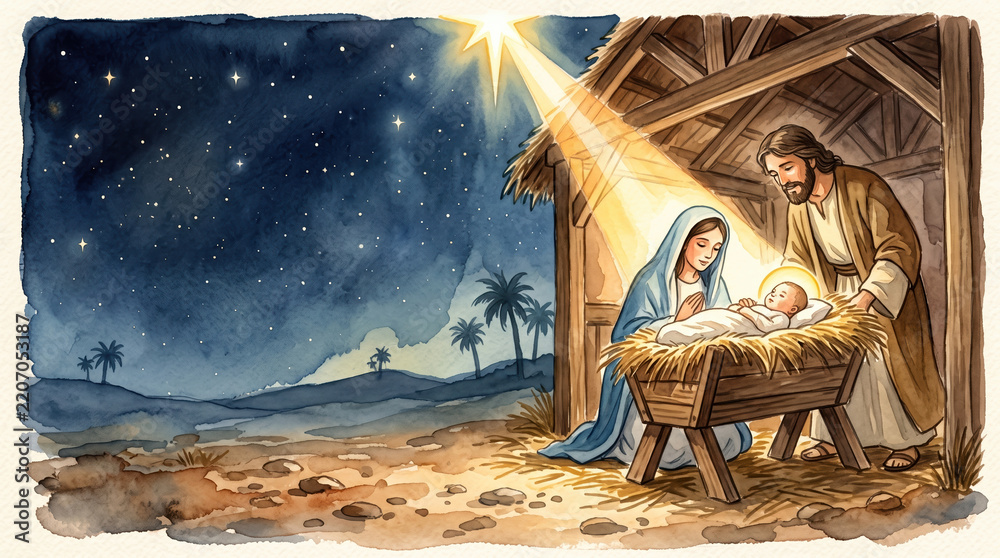 Fototapeta premium Mary and Joseph stand together in a rustic wooden stable at night to look at infant Jesus resting in a manger filled with hay while a bright star