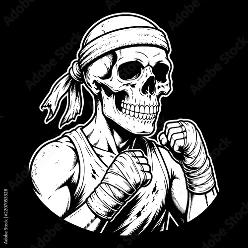 A martial art logo mascot of thai boxing with skull drawing vector illustrator 