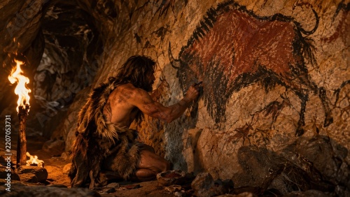 Prehistoric Cave Man Painting Bison on Rock Wall by Firelight