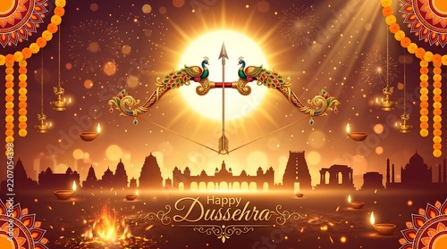 Happy Dussehra Festival Greeting with Ornate Bow and Arrow on Glowing Orange Background