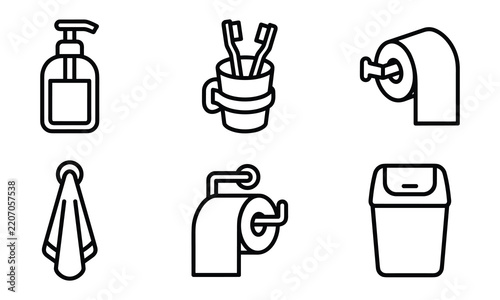 Bathroom hygiene items icons on white background for personal care.