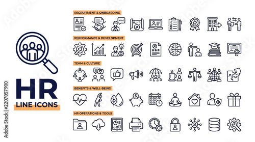 Human resources management vector icon set featuring business people and professional organizational development workflow line graphics