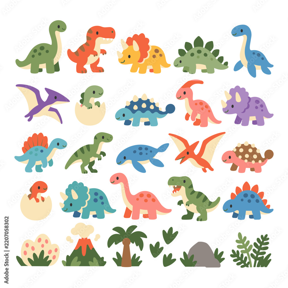 Fototapeta premium Cute Dinosaur Characters and Prehistoric Elements Vector Illustration Set