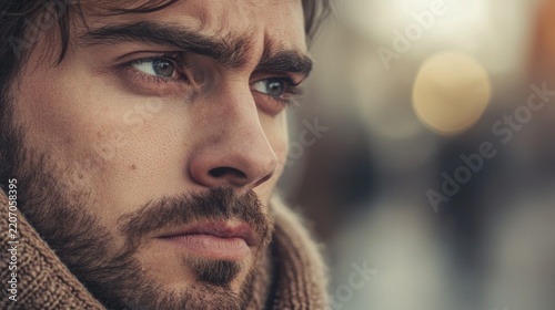 A man looking away while deep in thought; an authentic, emotional, and spontaneous expression. generative ai