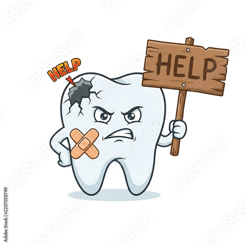 Cartoon bad tooth with cavity and help sign isolated on transparent background