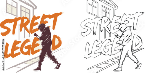 Street legend typography with a person walking past a building silhouette and ladder on a white background