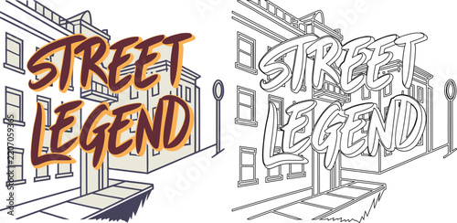 Street legend lettering with a perspective view of city buildings and a street lamp on a white background