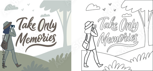 Take only memories quote with female photographer wearing a hat and carrying a camera in two styles