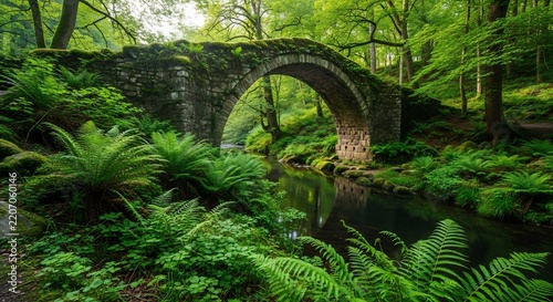 Stone bridge over a small stream in a lush spring park