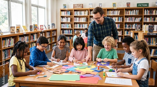 Students and a male teacher gathered around a wooden table in a library engaged in creative arts and crafts projects together.