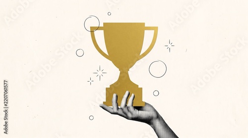Hand holding a golden trophy cup illustration with sparkles on beige background