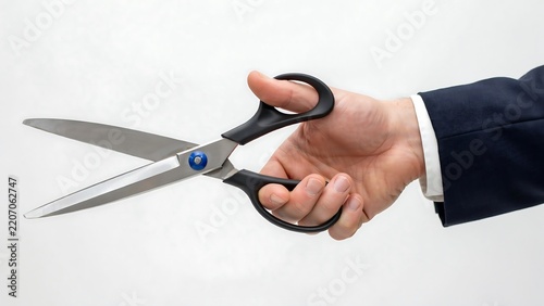 Businessman Holding Open Scissors on White Background for Cutting and Separation Concept