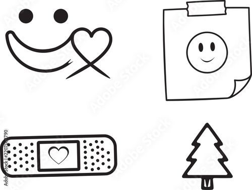 Line art icons depicting a smiling face with ribbon paper with smiley adhesive bandage and evergreen tree