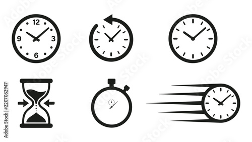 Vector time management icon set featuring analog clocks, stopwatch, fast speed timer, hourglass, and history arrow isolated on white background for business UI design.