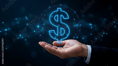 Digital Finance and Global Currency Technology Concept with Glowing Dollar Symbol on Hand