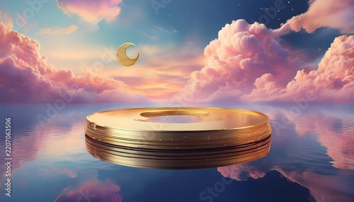 dreamy surreal landscape with a golden circular platform floating on calm water surrounded by pastel clouds and a crescent moon in a colorful twilight sky