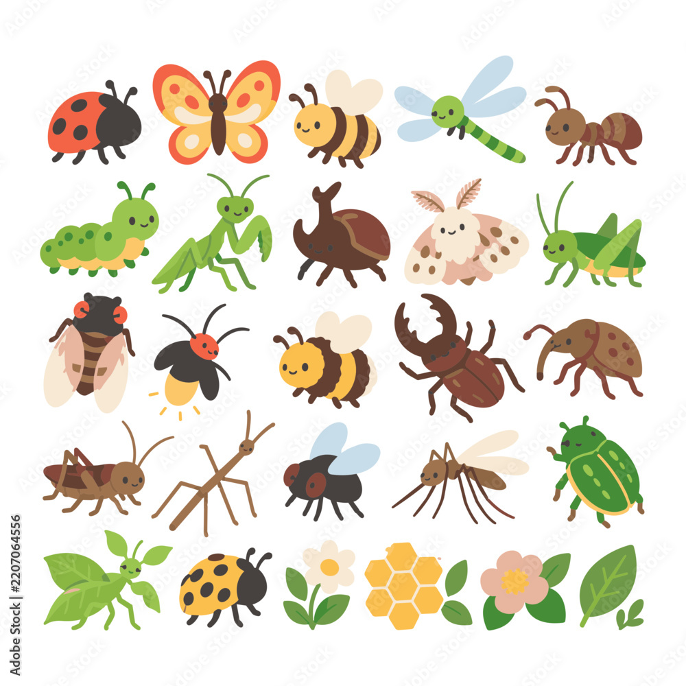 Fototapeta premium Cute Insects and Garden Bugs Character Vector Illustration Set