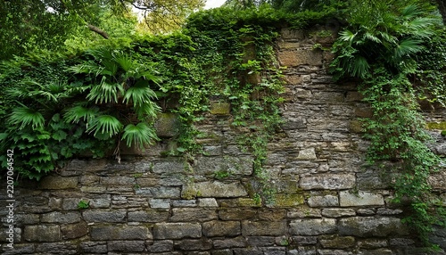 lush vegetation growing on a weathered stone wall