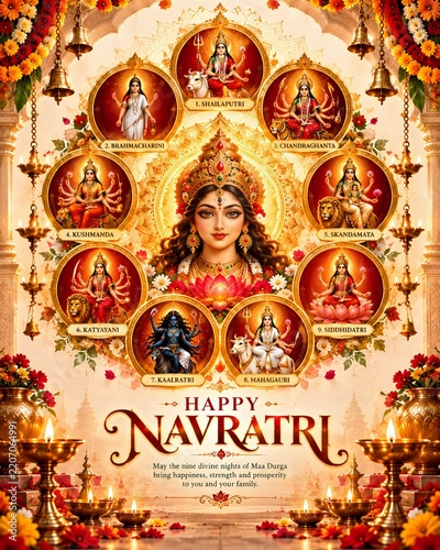 Nine forms of goddess durga displayed in golden circular frames for navratri celebration with hindu goddess
